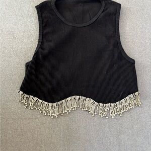Black Sleeveless Top with Beaded Fringe